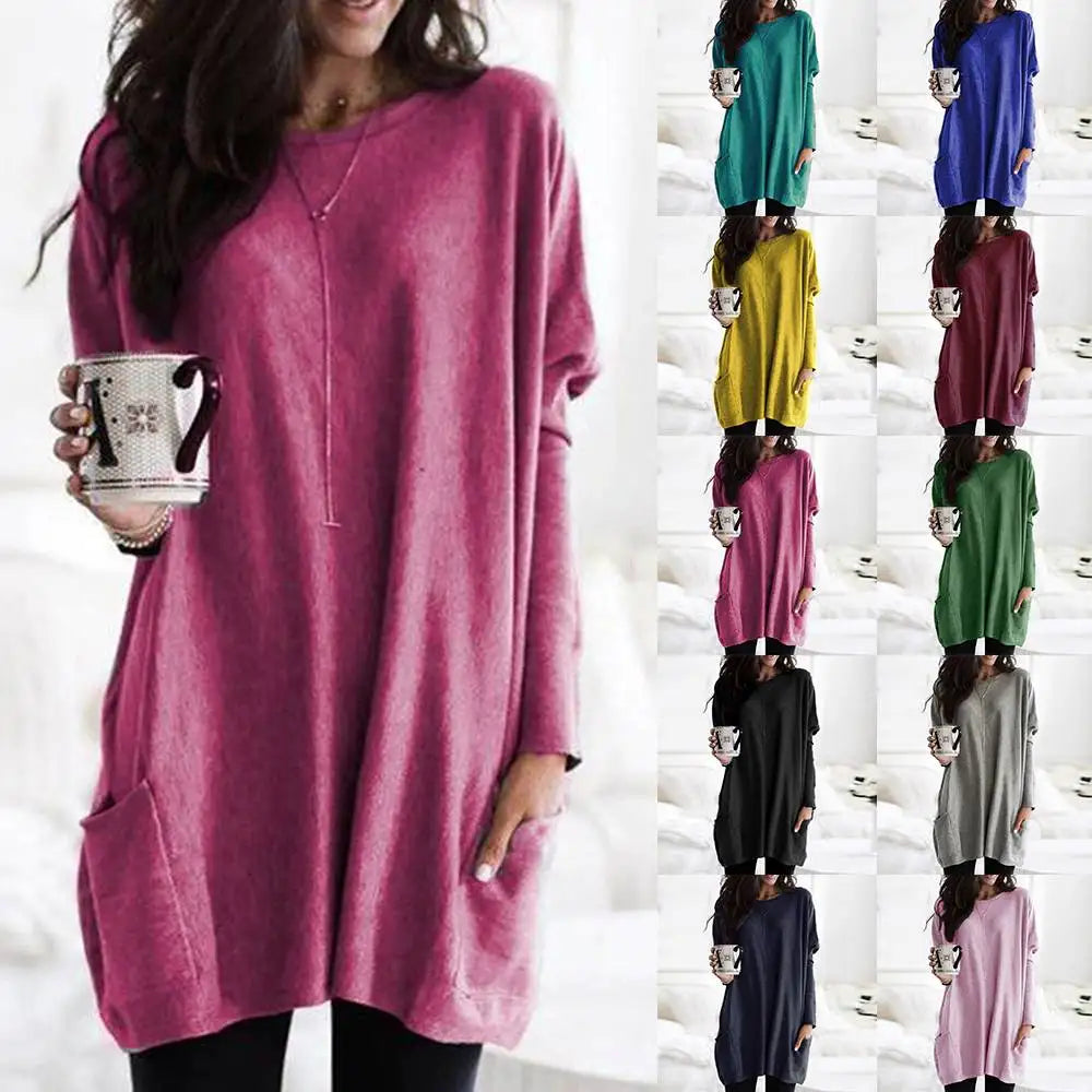 Women‘s Long Sleeve Pocket Tunic Casual Loose Pullover