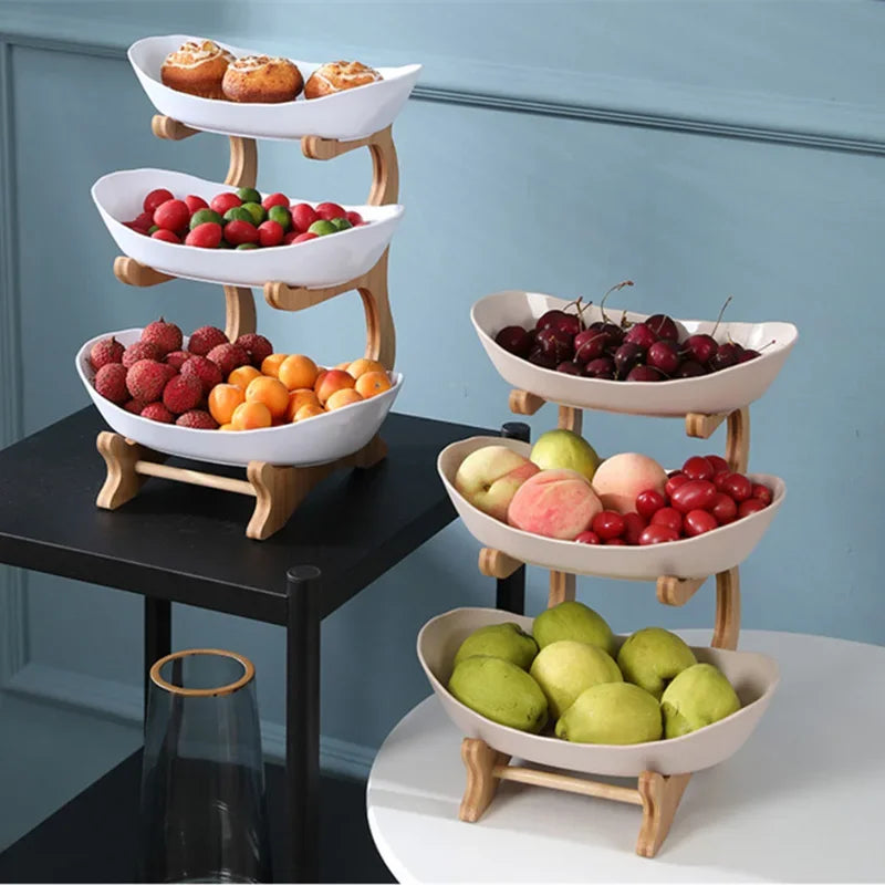 Three Layer Table Plates Dinnerware Wooden Kitchen Partitioned Dish Snack Stand