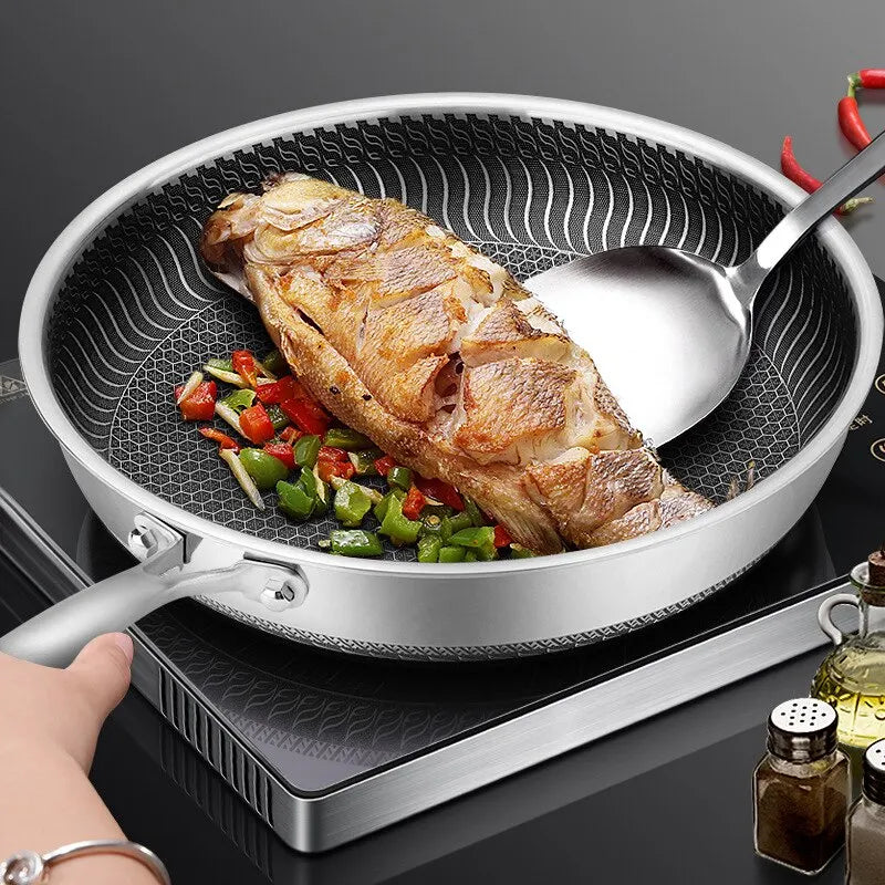 Tri-Ply Stainless Steel Frying Pan 316 Stainless Steel Wok Pan Double-sided Honeycomb Skillet