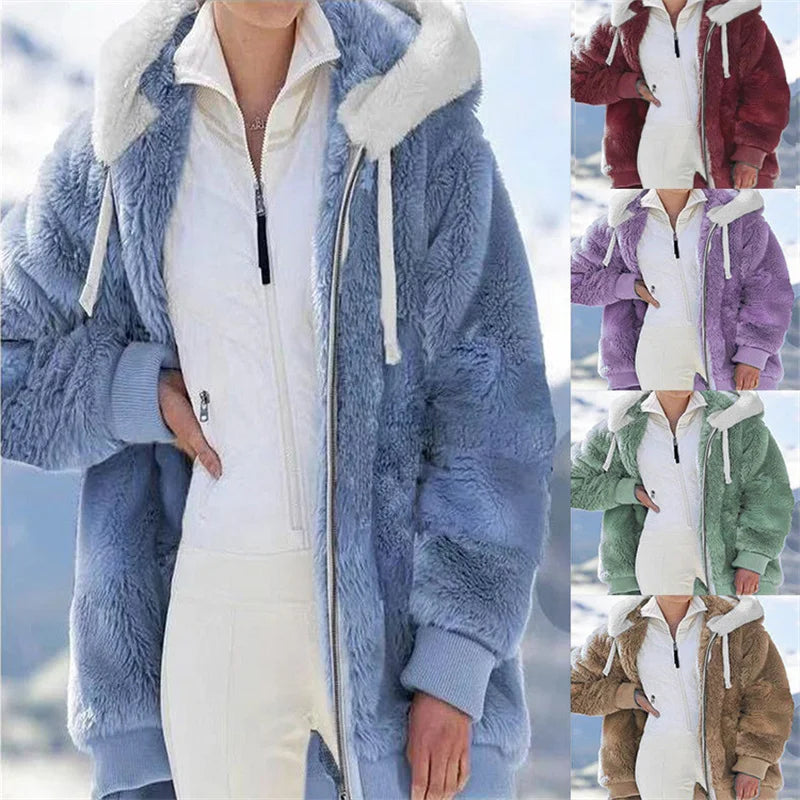 New Autumn/Winter Loose Plush Zipper Hooded Coat