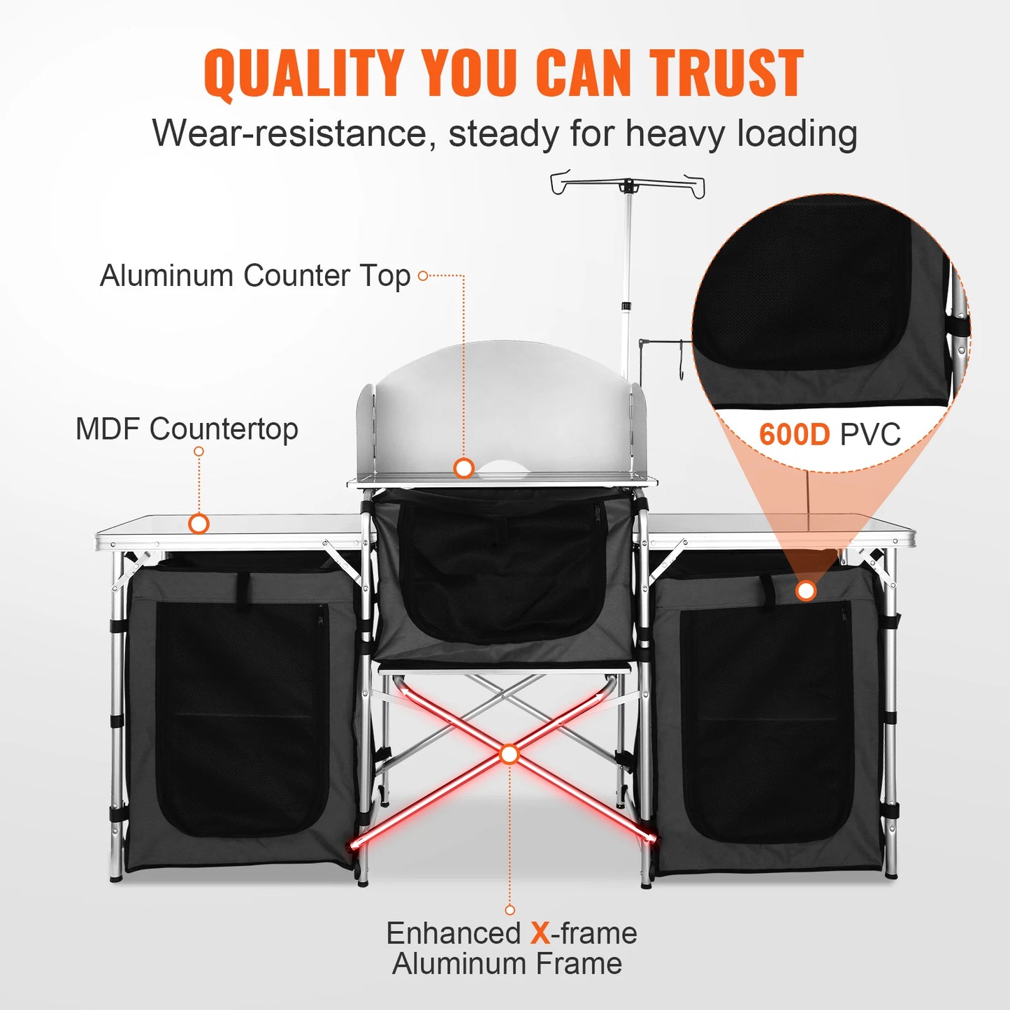 Outdoor Kitchen Table Cabinet Foldable, Cooking Storage Rack X-Shaped Aluminum Alloy Bracket