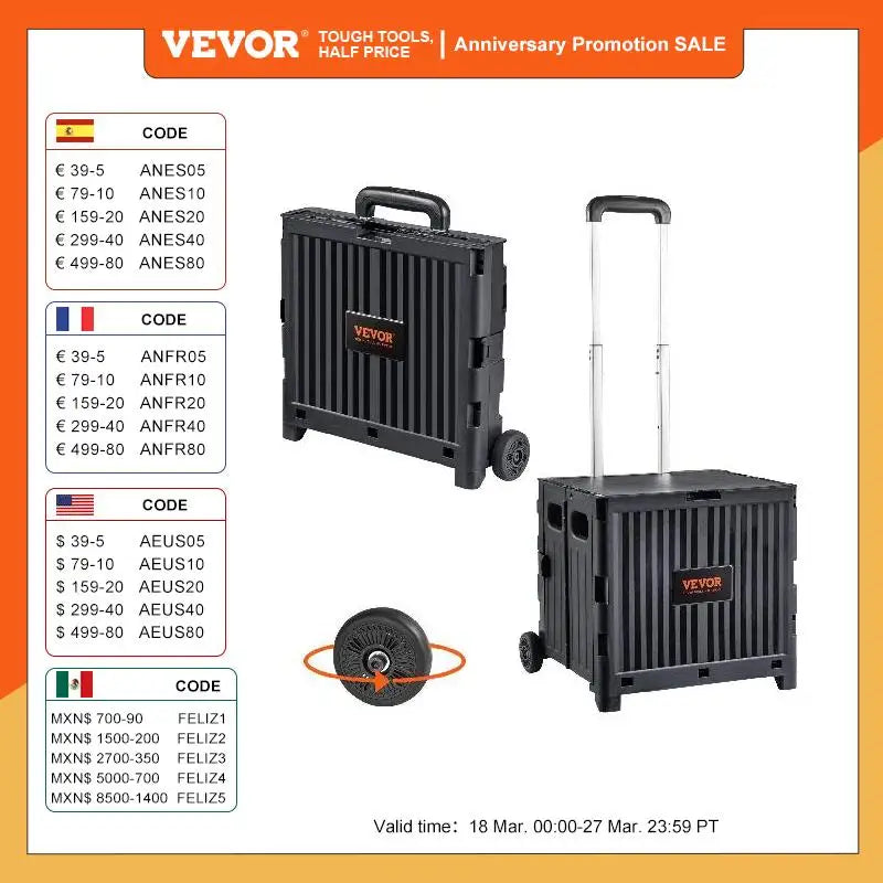 VEVOR Utility Shopping Cart/ Folding Portable Crate Handcart with Telescope Handle Wheels