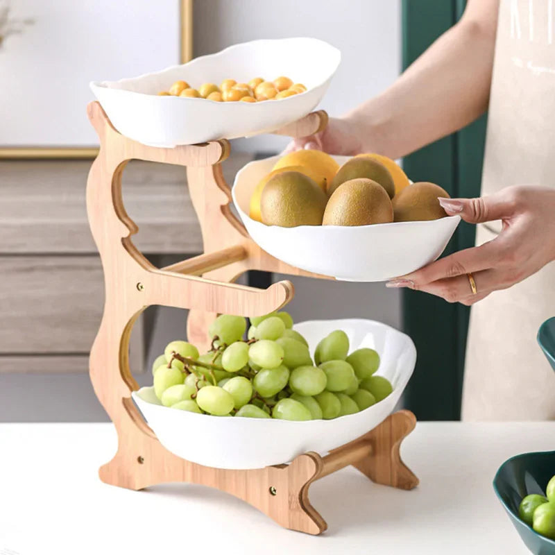 Three Layer Table Plates Dinnerware Wooden Kitchen Partitioned Dish Snack Stand